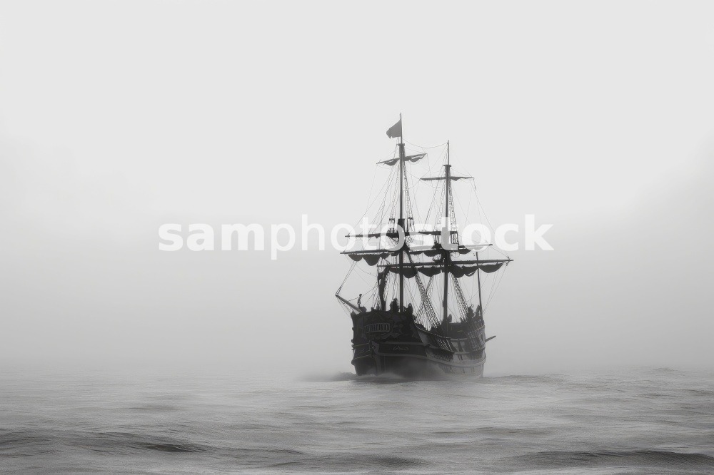 black and white photo of sleek pirate ship passing through misty sea, created with generative ai. black and white photo of sleek pirate ship passing through misty sea