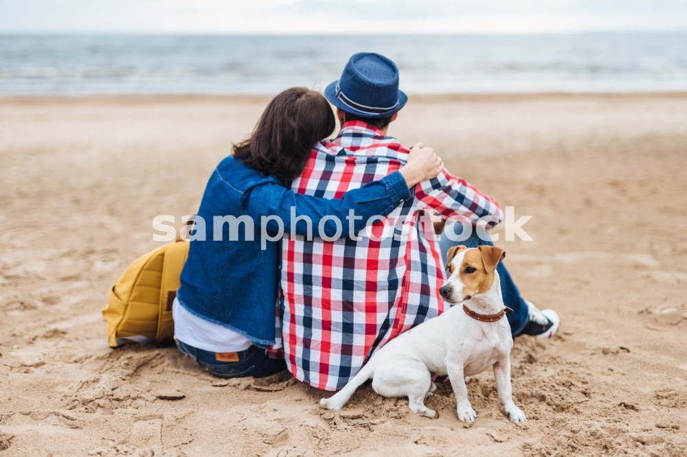 Lovely couple sit at beach near sea, embrace each other have pleasant conversation, being very romantic, admire beautiful nature and their little dog sits near its hosts. People, animals, love concept